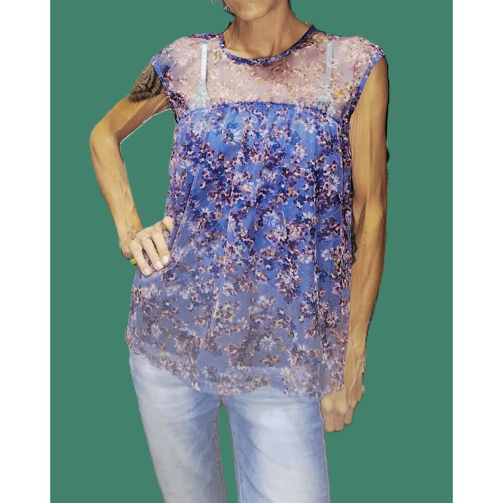 Blue Floral Lace Sheer Layered Flowy Top ~ Small ~ Maurices